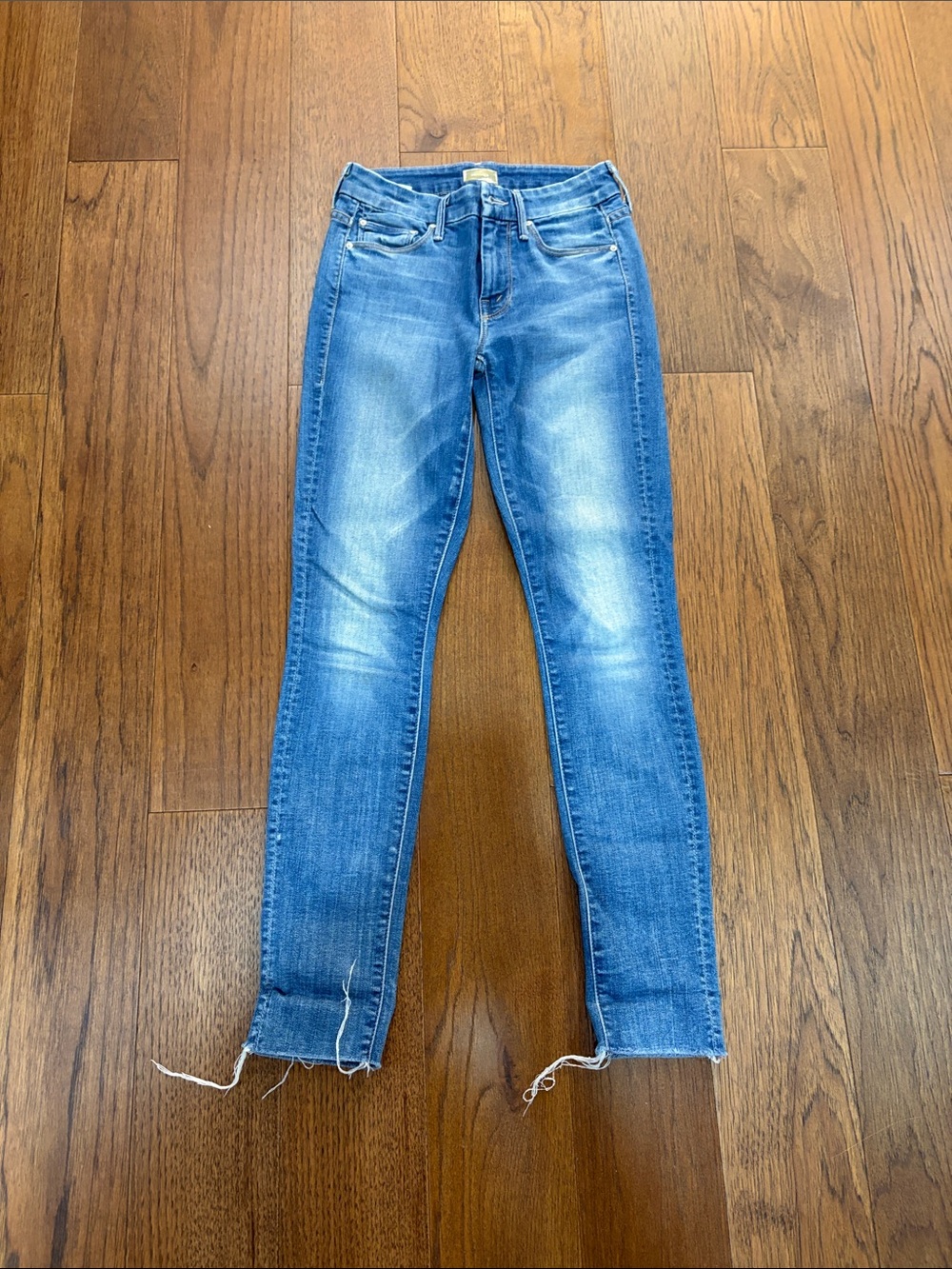 MOTHER Skinny Jeans in Medium Blue with Faded Finish